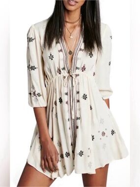 Free People Cream Boho Embroidered Dress